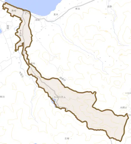 下久知とその周辺の地図。町の範囲を重ねている