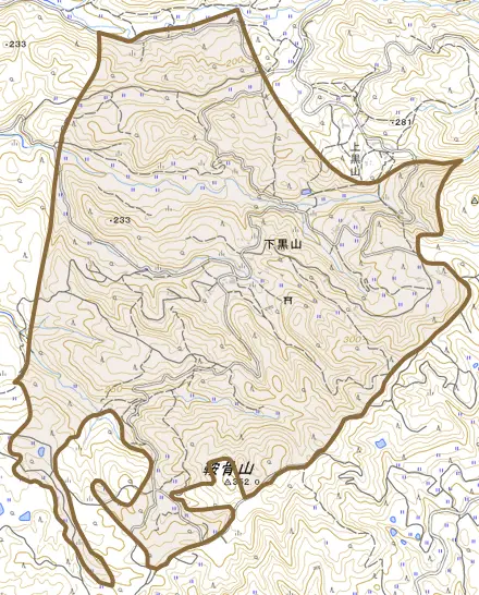 下黒山とその周辺の地図。町の範囲を重ねている