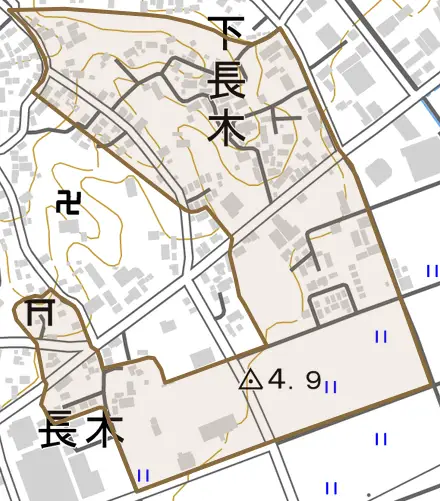 下長木とその周辺の地図。町の範囲を重ねている
