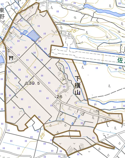 下横山とその周辺の地図。町の範囲を重ねている