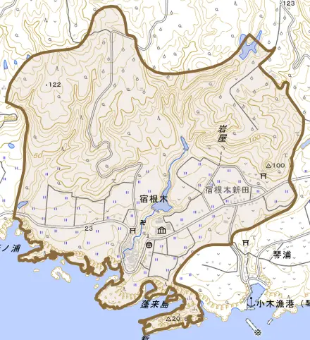 宿根木とその周辺の地図。町の範囲を重ねている