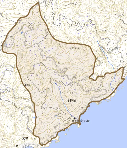 杉野浦とその周辺の地図。町の範囲を重ねている