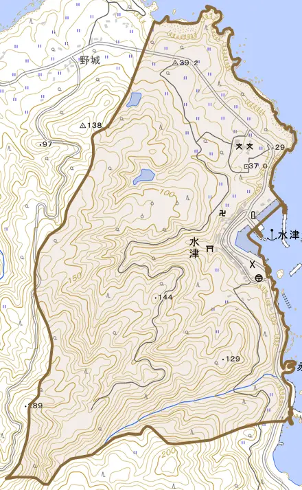 水津とその周辺の地図。町の範囲を重ねている