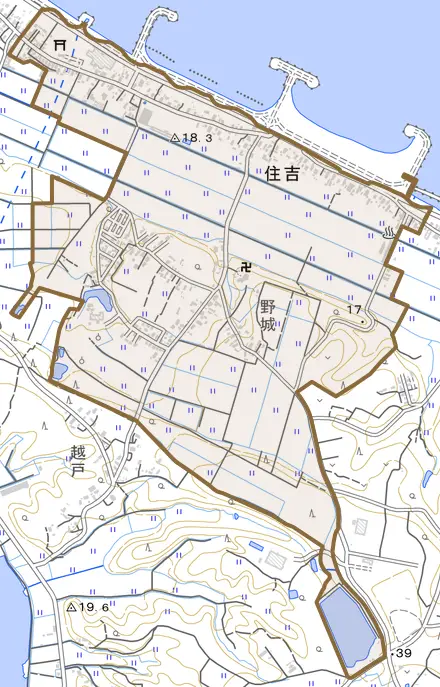 住吉とその周辺の地図。町の範囲を重ねている
