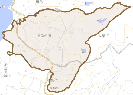 羽茂小泊とその周辺の地図。町の範囲を重ねている