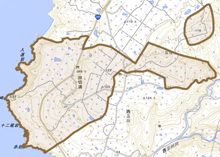田切須とその周辺の地図。町の範囲を重ねている