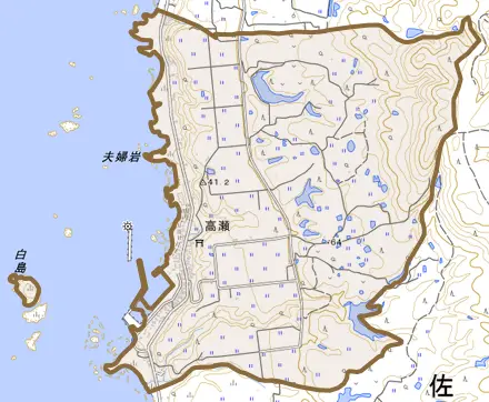 高瀬とその周辺の地図。町の範囲を重ねている
