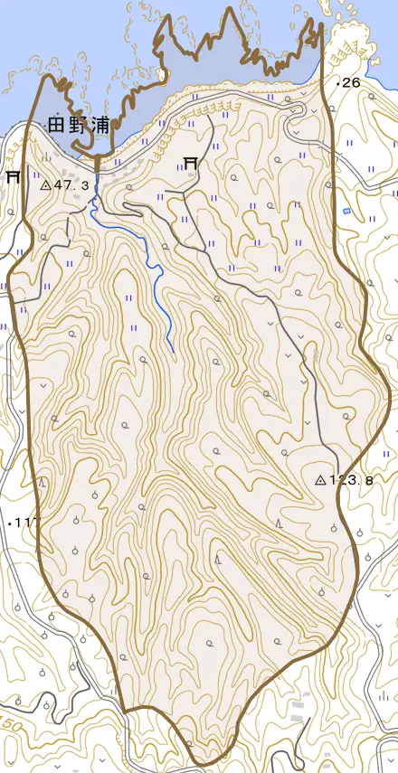 田野浦とその周辺の地図。町の範囲を重ねている