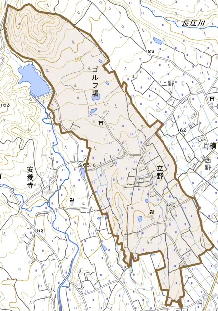 立野とその周辺の地図。町の範囲を重ねている
