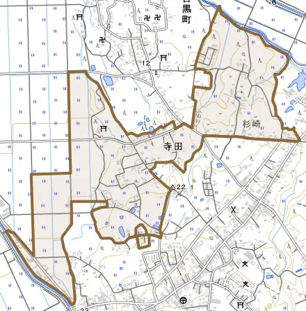 寺田とその周辺の地図。町の範囲を重ねている