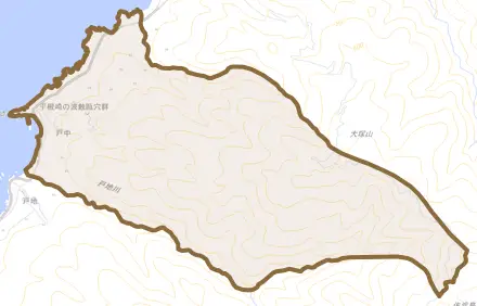 戸中とその周辺の地図。町の範囲を重ねている