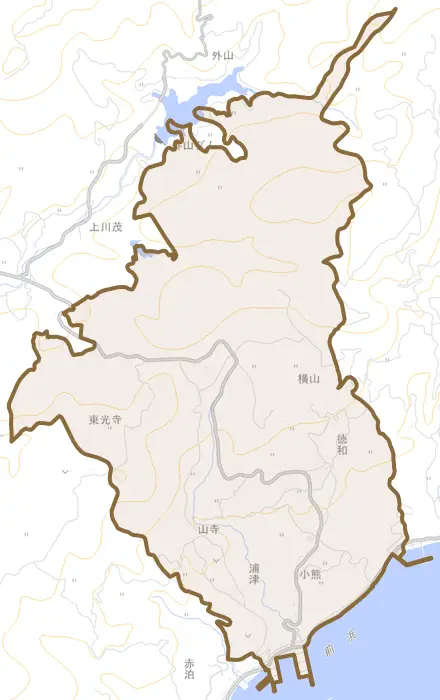 徳和とその周辺の地図。町の範囲を重ねている