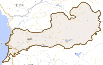 椿尾とその周辺の地図。町の範囲を重ねている