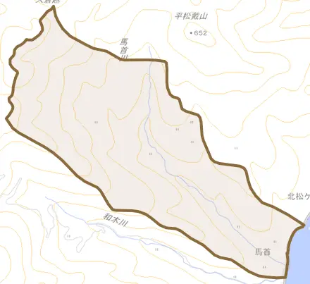 馬首とその周辺の地図。町の範囲を重ねている