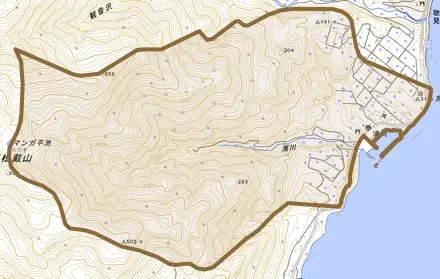 浦川とその周辺の地図。町の範囲を重ねている