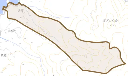 後尾とその周辺の地図。町の範囲を重ねている