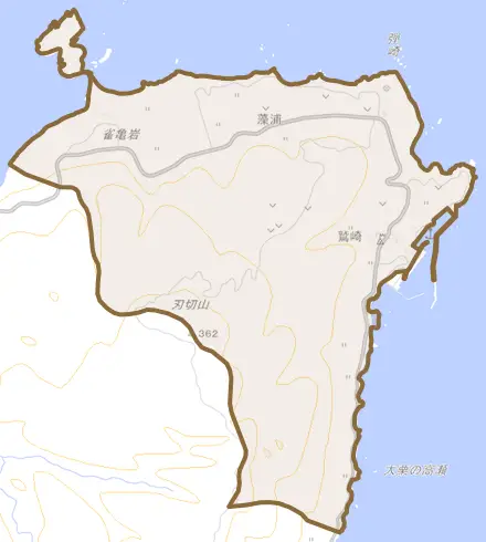 鷲崎とその周辺の地図。町の範囲を重ねている