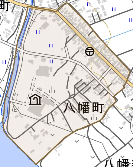 八幡町とその周辺の地図。町の範囲を重ねている