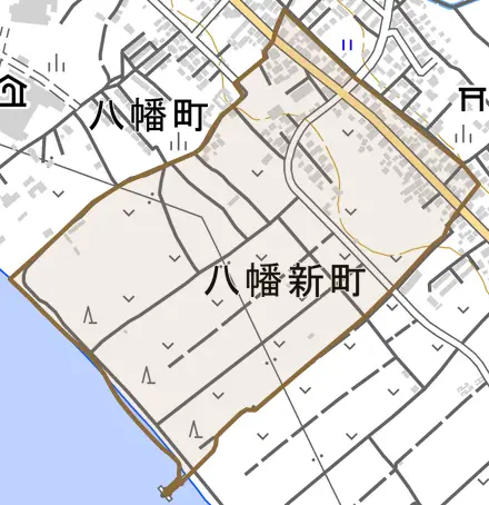 八幡新町とその周辺の地図。町の範囲を重ねている