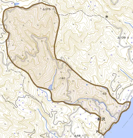 柳沢とその周辺の地図。町の範囲を重ねている