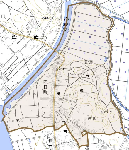 四日町とその周辺の地図。町の範囲を重ねている