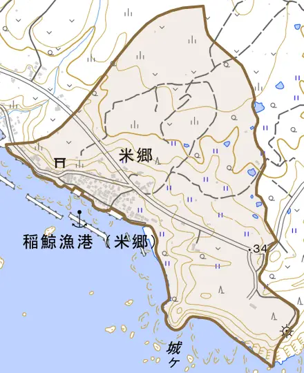 米郷とその周辺の地図。町の範囲を重ねている