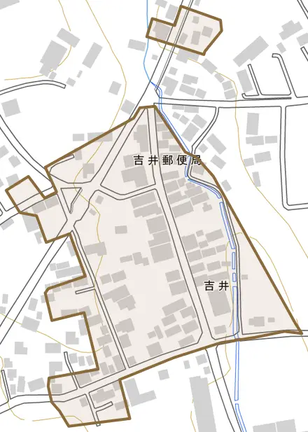 吉井とその周辺の地図。町の範囲を重ねている
