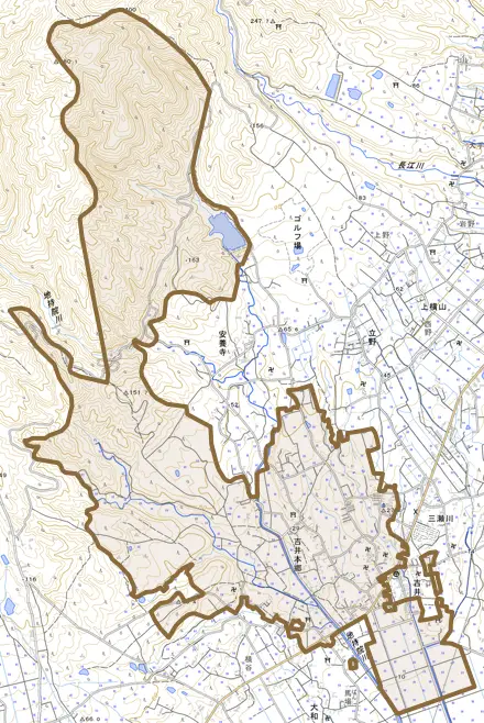 吉井本郷とその周辺の地図。町の範囲を重ねている