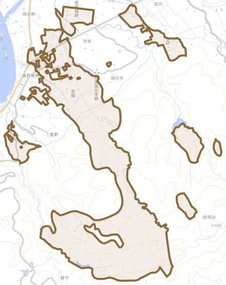 吉岡とその周辺の地図。町の範囲を重ねている