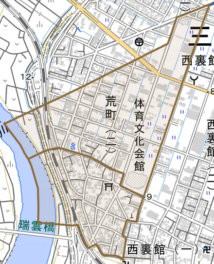 荒町とその周辺の地図。町の範囲を重ねている