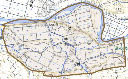 荒沢とその周辺の地図。町の範囲を重ねている