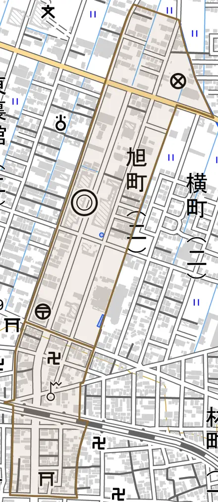 旭町とその周辺の地図。町の範囲を重ねている