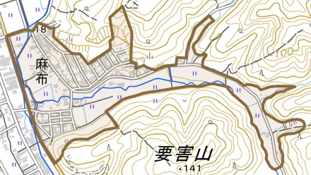 麻布とその周辺の地図。町の範囲を重ねている