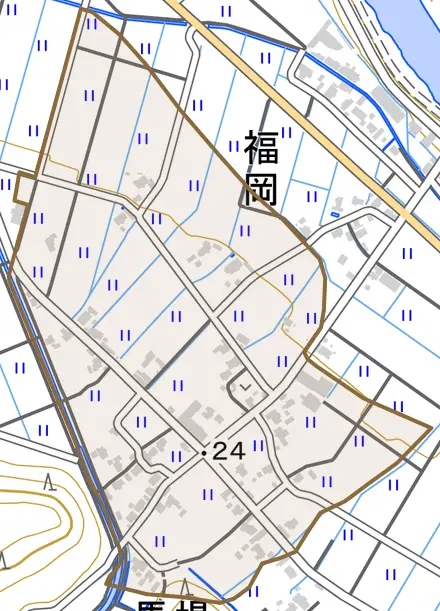 馬場とその周辺の地図。町の範囲を重ねている
