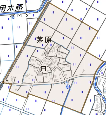 茅原とその周辺の地図。町の範囲を重ねている