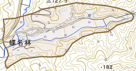 蝶名林とその周辺の地図。町の範囲を重ねている
