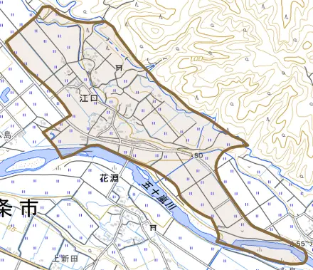 江口とその周辺の地図。町の範囲を重ねている