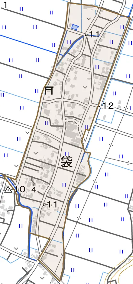 袋とその周辺の地図。町の範囲を重ねている