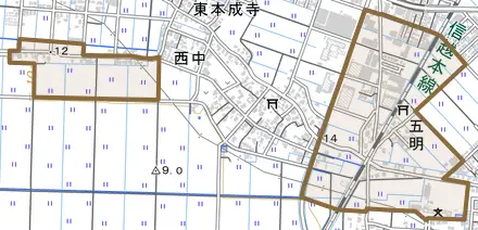 五明とその周辺の地図。町の範囲を重ねている