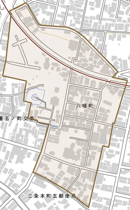 八幡町とその周辺の地図。町の範囲を重ねている