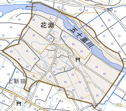 花渕とその周辺の地図。町の範囲を重ねている