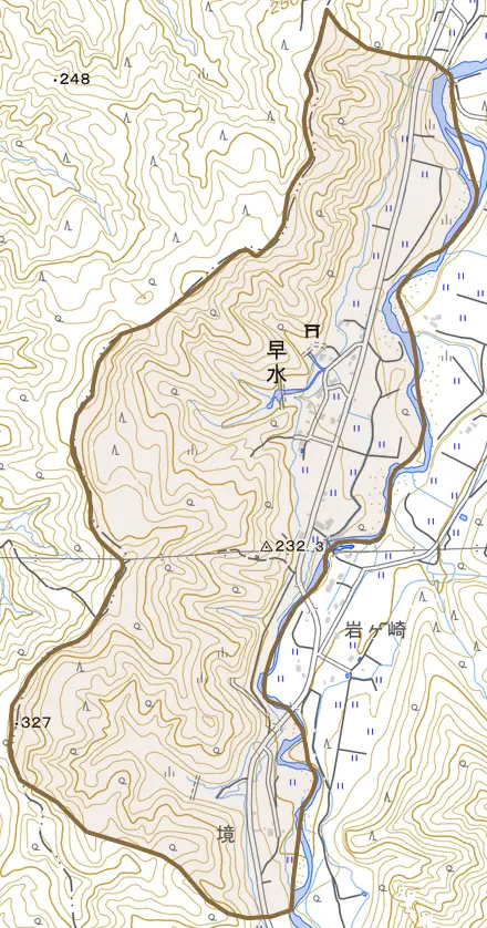 早水とその周辺の地図。町の範囲を重ねている