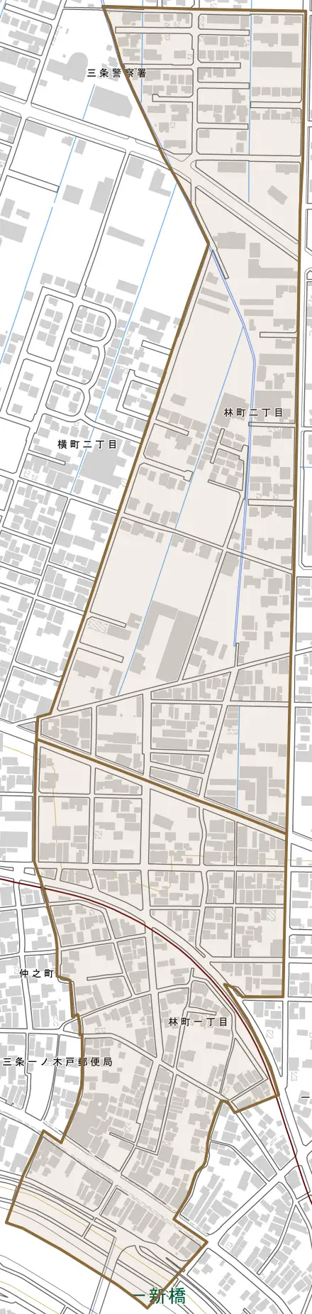 林町とその周辺の地図。町の範囲を重ねている