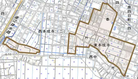 東本成寺とその周辺の地図。町の範囲を重ねている