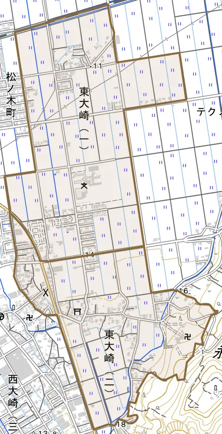 東大崎とその周辺の地図。町の範囲を重ねている