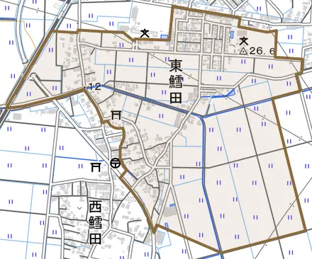 東鱈田とその周辺の地図。町の範囲を重ねている