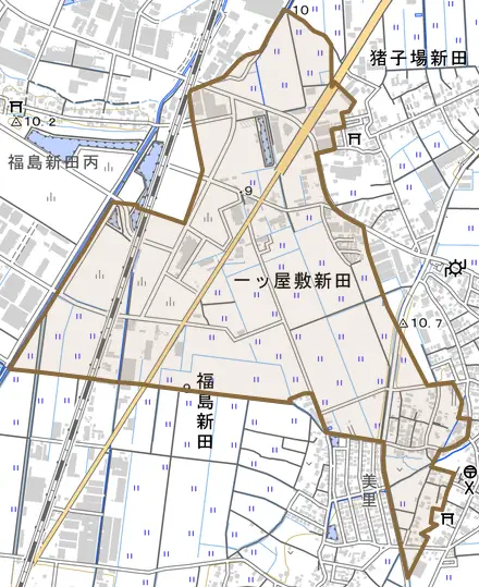 一ツ屋敷新田とその周辺の地図。町の範囲を重ねている
