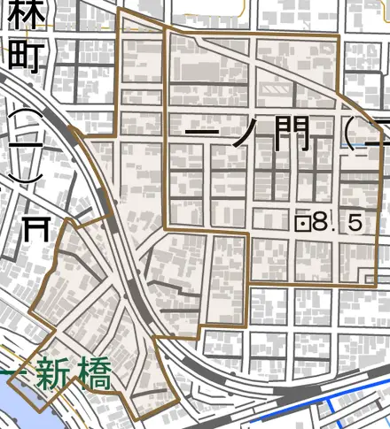 一ノ門とその周辺の地図。町の範囲を重ねている