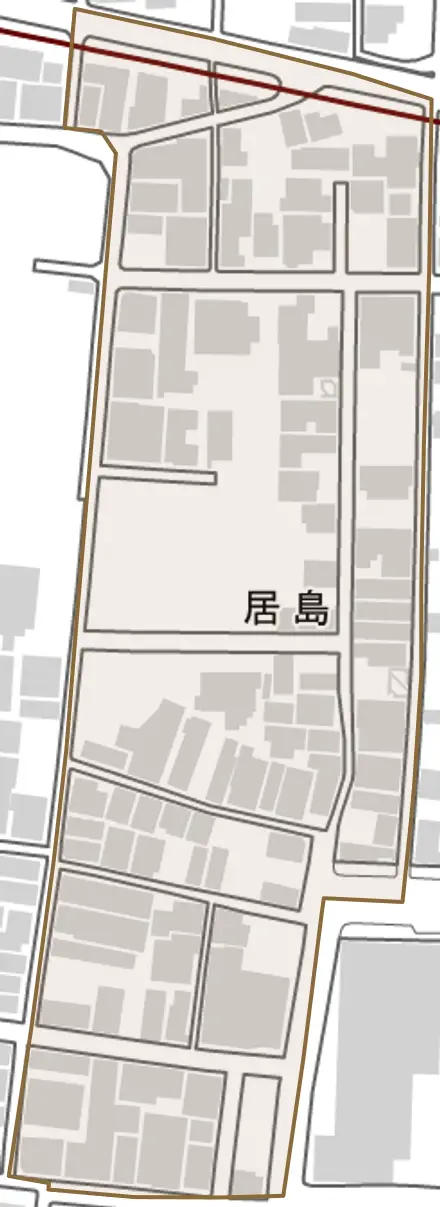 居島とその周辺の地図。町の範囲を重ねている