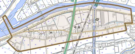 今井とその周辺の地図。町の範囲を重ねている